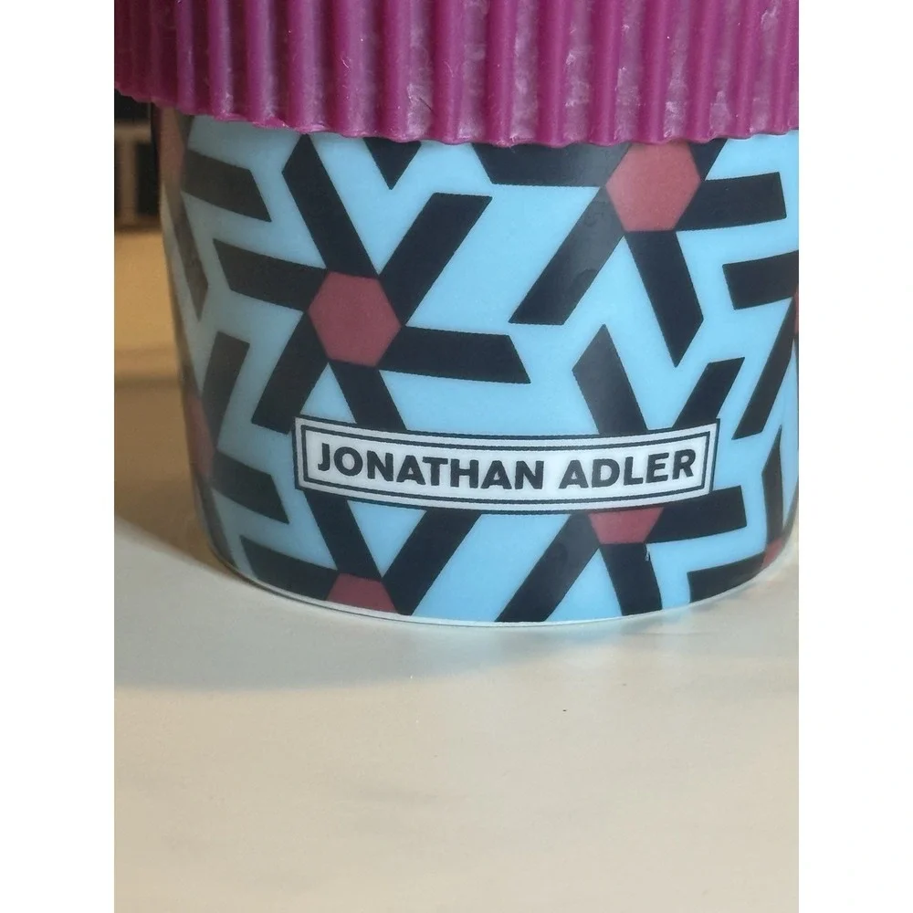 Jonathan Adler Geometric Ceramic Travel Mug Blue Pink Silicone Lid Sleeve 6in